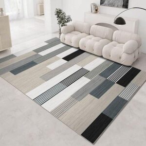 T8- Tapis - salon moderne rayure noire - balnc - grise