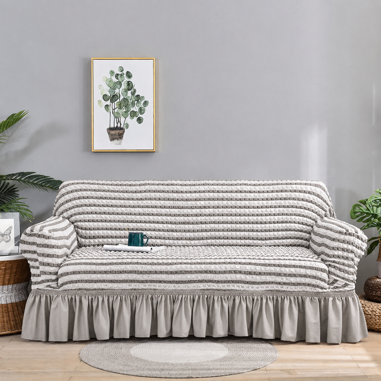 H14- Housse en polycoton gris clair rayure