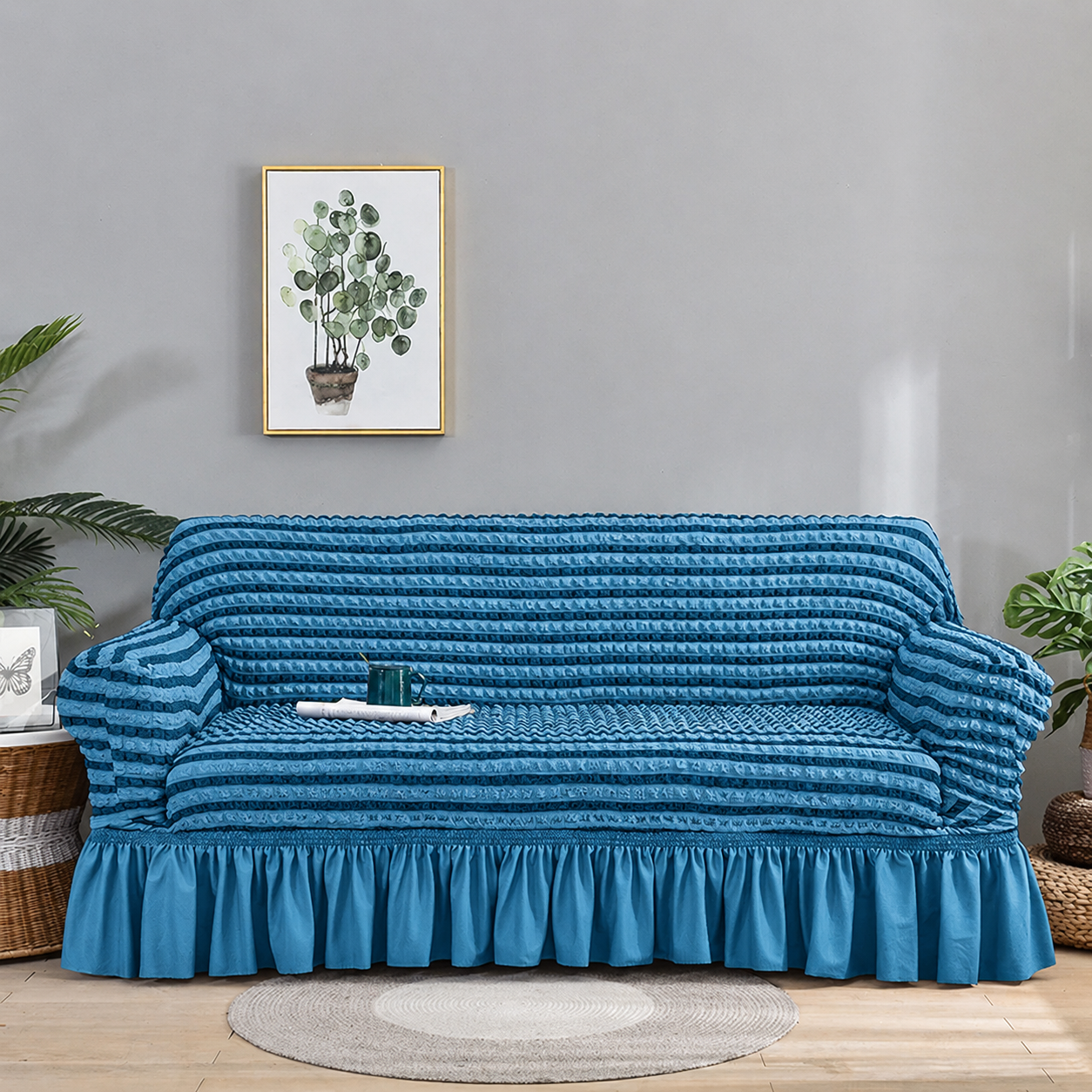 H09- Housse en polycoton bleu rayure